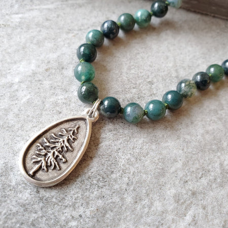 Hand knotted green moss agate necklace with pine tree pendant