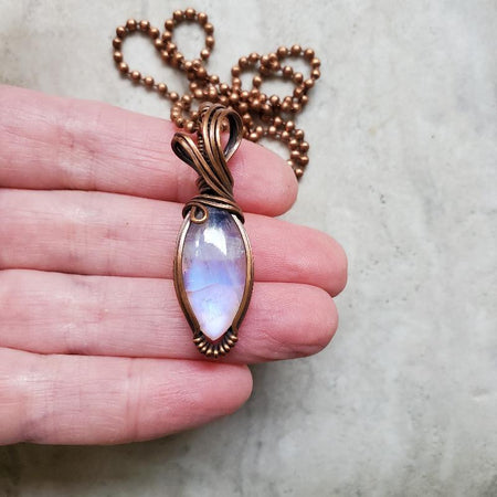 Copper wire wrapped marquise moonstone pendant