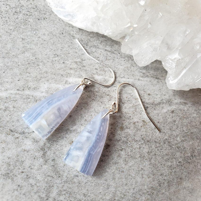 freeform blue lace agate earrings on tile