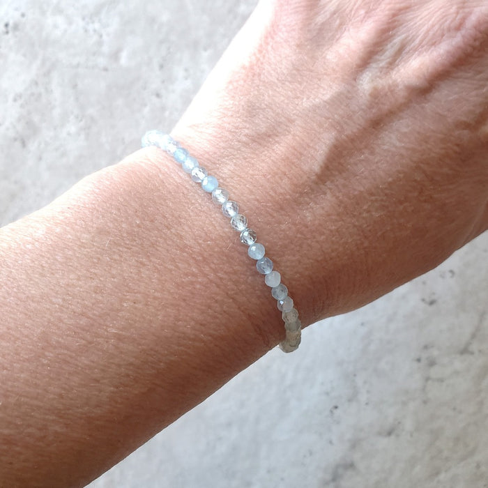 Faceted 3mm Aquamarine beaded bracelet on model