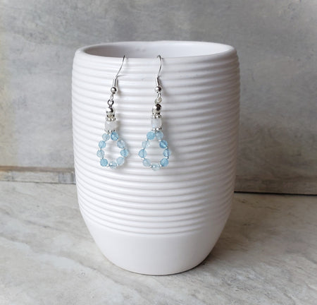 silk knotted Aquamarine and Moonstone earrings hanging