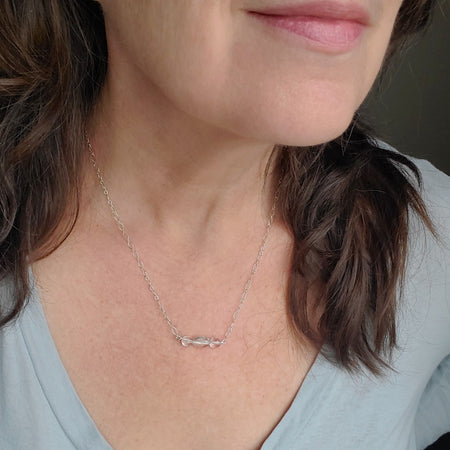 Clear Quartz Crystal bar necklace on model