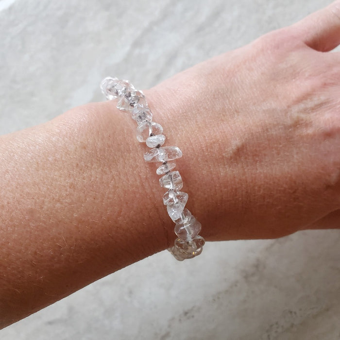Clear quartz crystal hand knotted bracelet on model