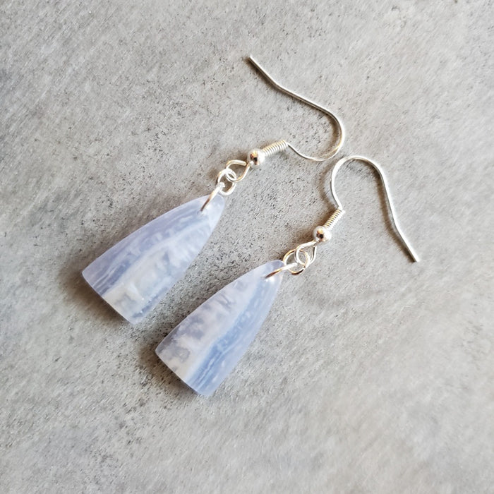 freeform blue lace agate earrings on wood