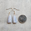 freeform blue lace agate earrings beside a quarter