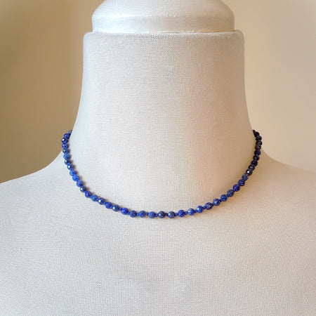 Faceted Lapis Lazuli knotted necklace on bust