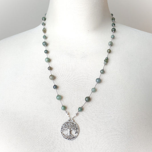 African Jade knotted Necklace with tree of life pendant on a mannequin