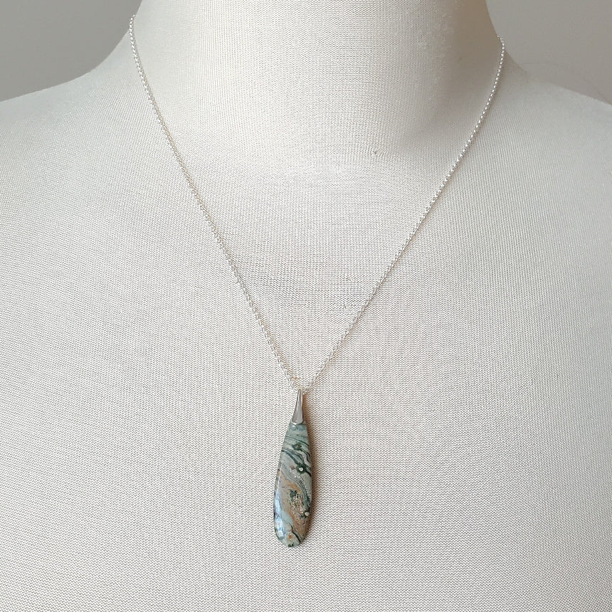 Ocean Jasper teardrop pendant necklace on bust