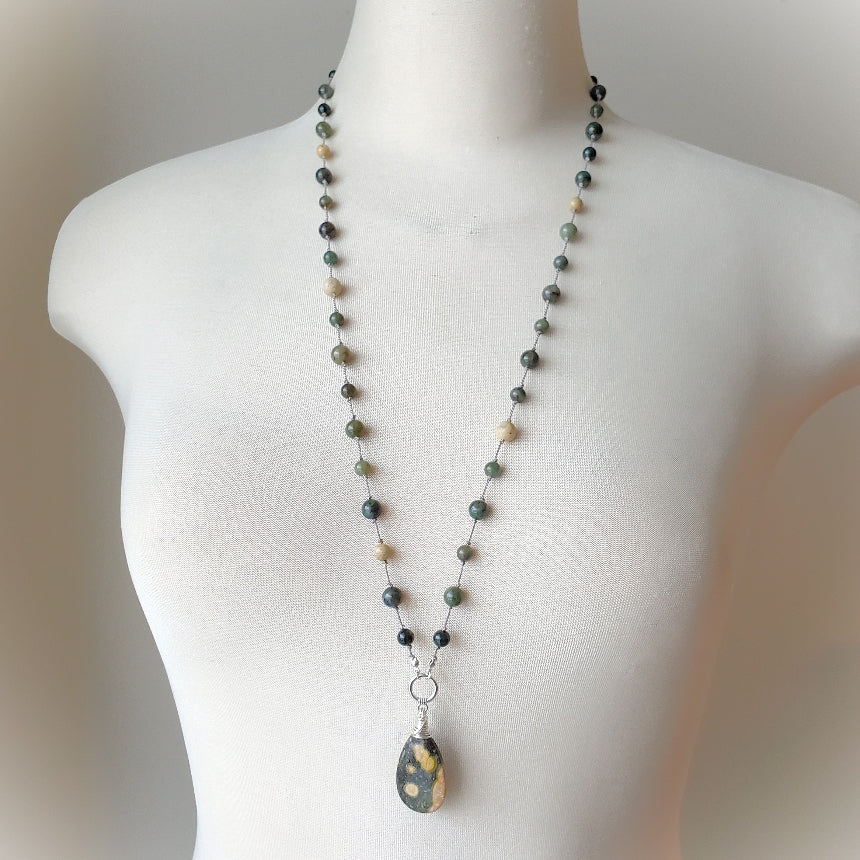 Ocean Jasper & African Jade long knotted necklace on bust 