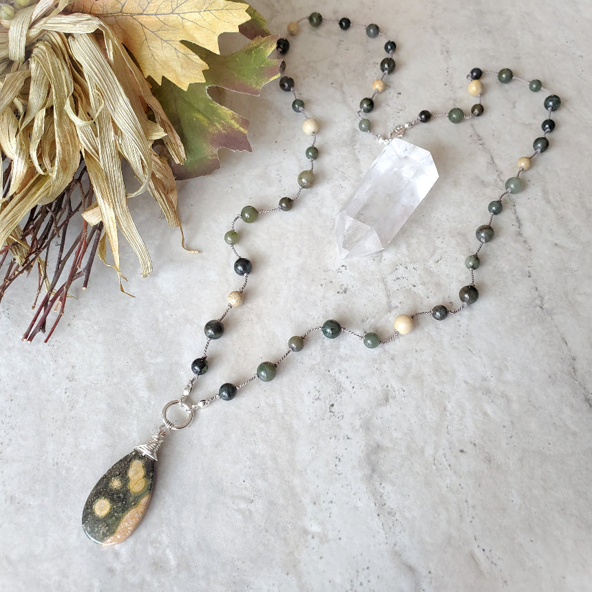 Ocean Jasper & African Jade long knotted necklace on tile