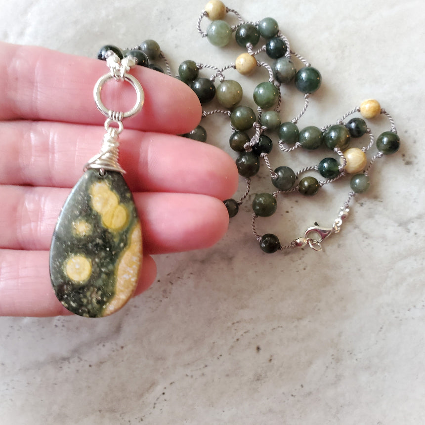 Ocean Jasper & African Jade long knotted necklace in hand