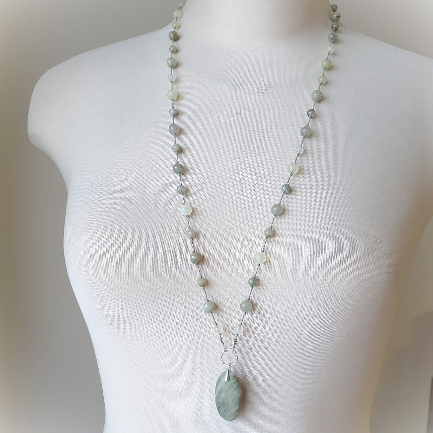 Beaded gemstone necklace with Serpentine focal on bust