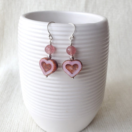 earrings of pink Czech glass hearts with Strawberry Quartz beads