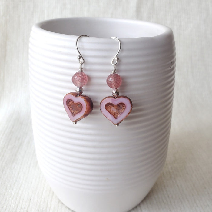 earrings of pink Czech glass hearts with Strawberry Quartz beads