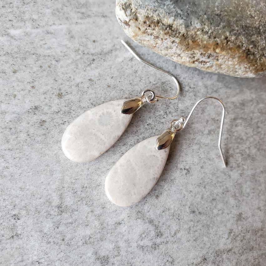 Fossil coral teardrop sterling silver earrings
