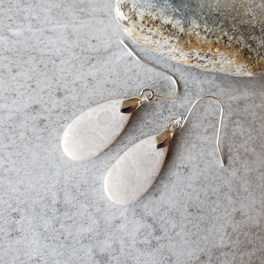 Fossil coral teardrop sterling silver earrings