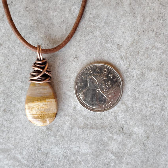 Petrified wood leather necklace beside a quarter