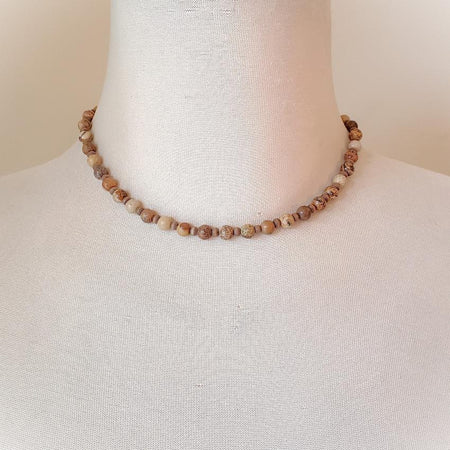 6mm picture jasper & coconut wood necklace on bust