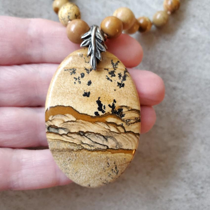 Picture Jasper chunky knotted necklace focal in hand