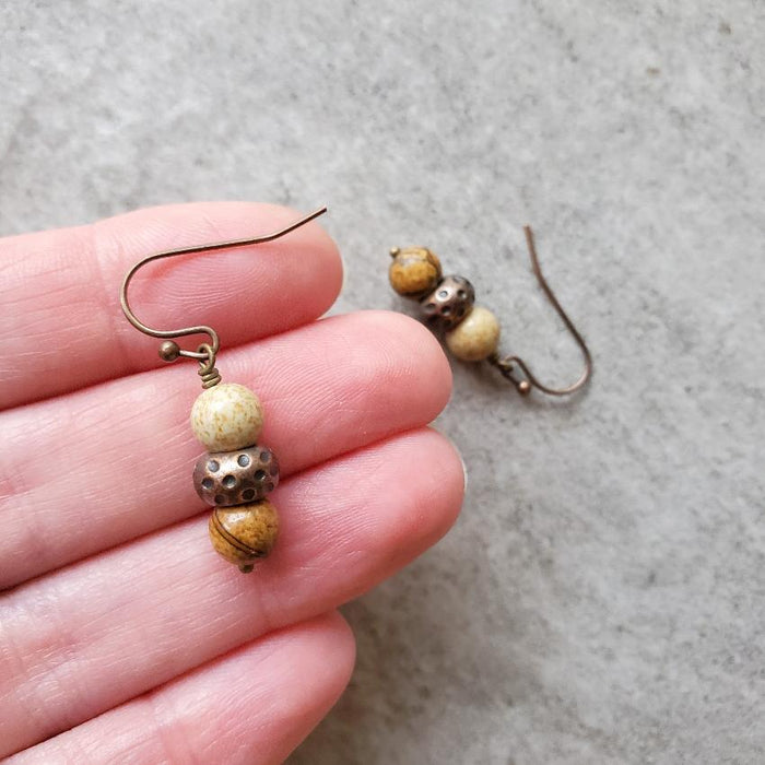 picture jasper copper stack earrings in hand