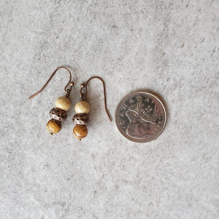 picture jasper copper stack earrings beside a quarter