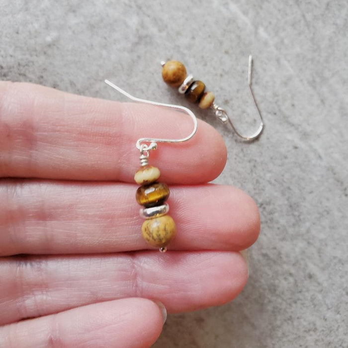 Picture Jasper  & Tiger Eye stack sterling silver earrings in hand