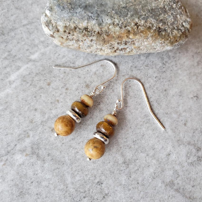 Picture Jasper  & Tiger Eye stack sterling silver earrings on tile