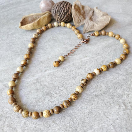 6mm picture jasper & coconut wood necklace on tile 