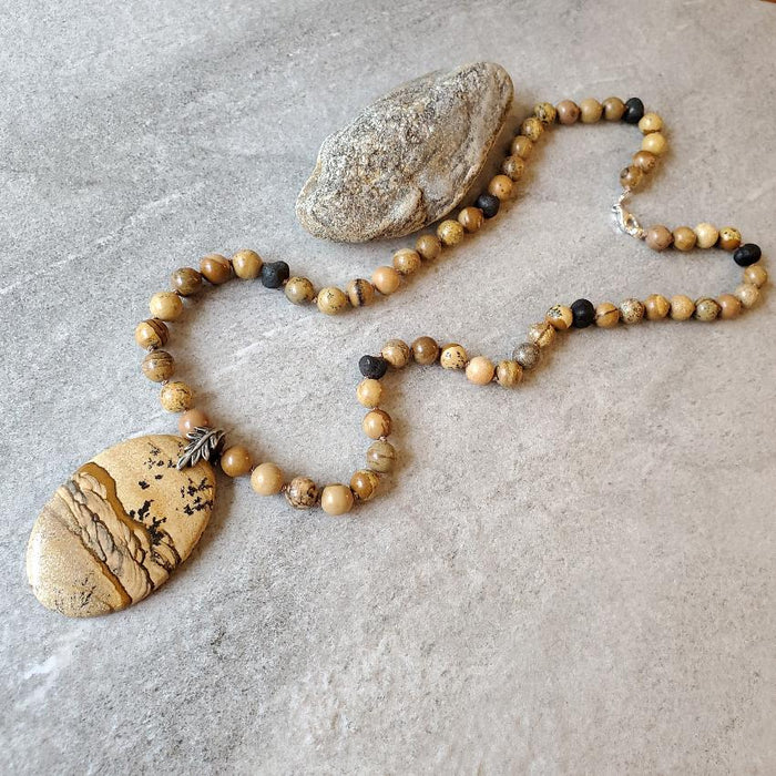 Picture Jasper chunky knotted necklace on tile