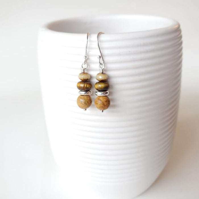 Picture Jasper  & Tiger Eye stack sterling silver earrings hanging