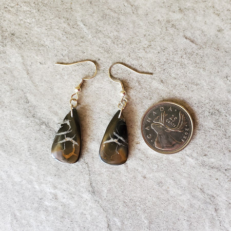 Septarian gemstone earrings beside a quarter