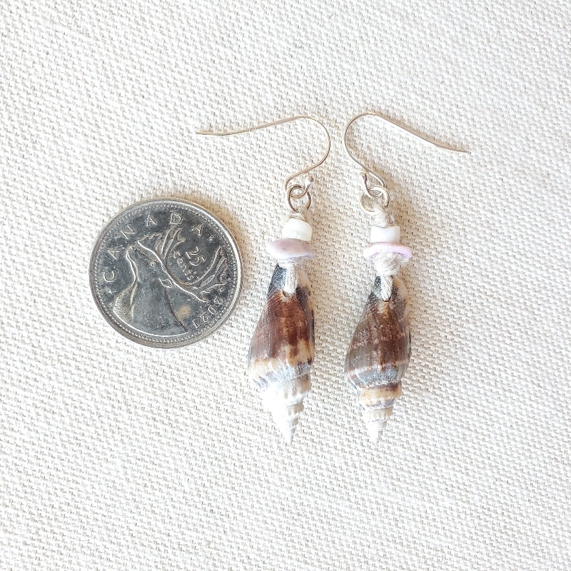 Pair of shell earrings on a light gray background with a coin for scale.
