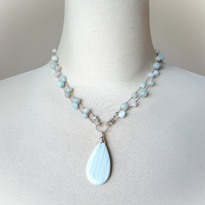 Green Lace Agate & Amazonite knotted necklace on bust 