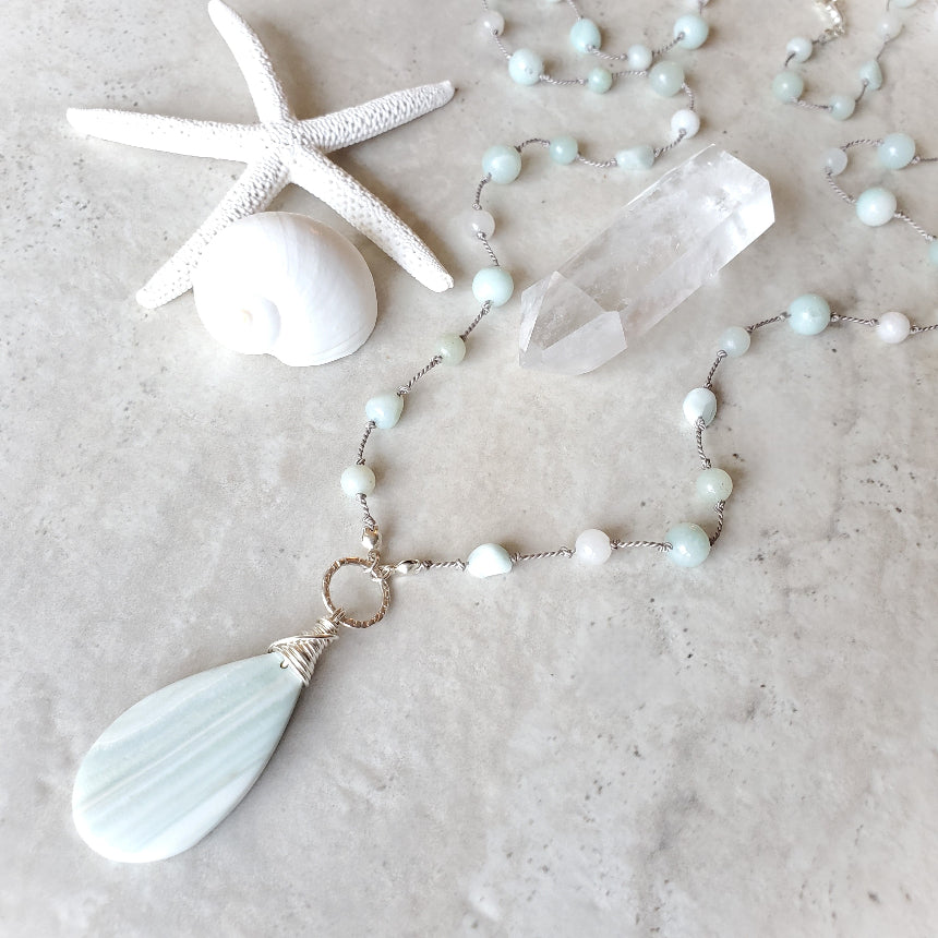 Green Lace Agate & Amazonite knotted necklace on tile 
