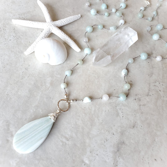 Green Lace Agate & Amazonite knotted necklace on tile 