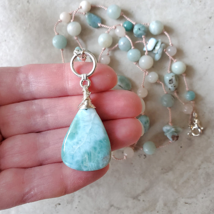Larimar & Amazonite knotted necklace 