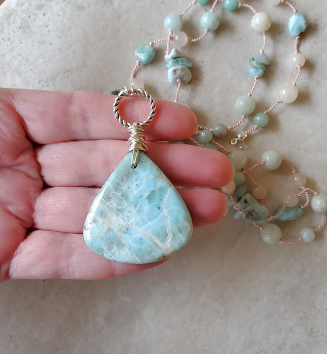 Larimar & Amazonite Long Silk Knotted Necklace