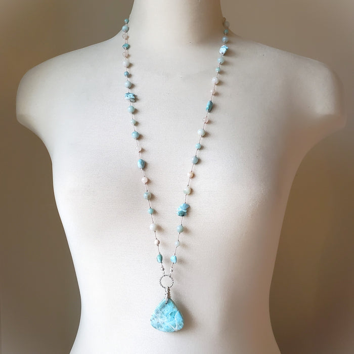 Larimar & Amazonite Long Silk Knotted Necklace