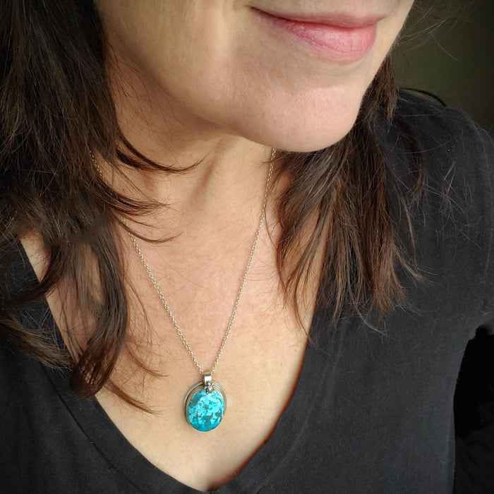 Morenci turquoise silversmith necklace on model