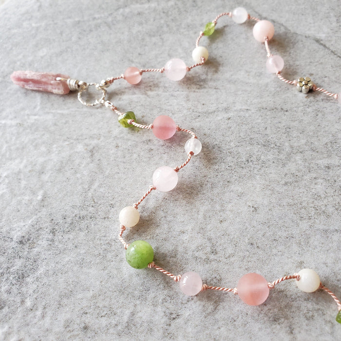 Pink Tourmaline multi gemstone knotted necklace