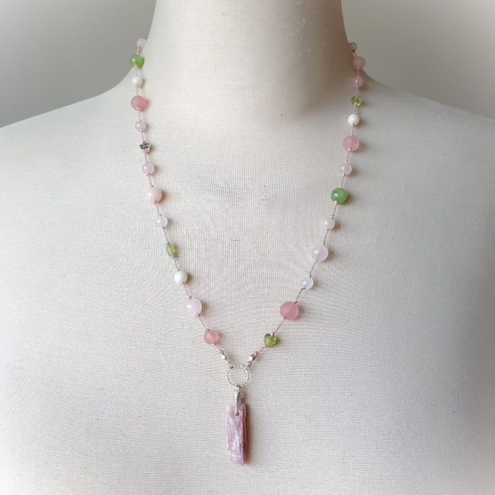 Pink Tourmaline multi gemstone knotted necklace on bust