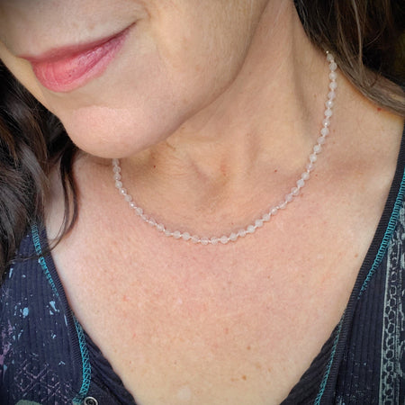 Faceted Rose Quartz knotted necklace on model