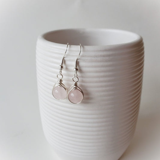Rose Quartz herringbone wrapped silver earrings hanging