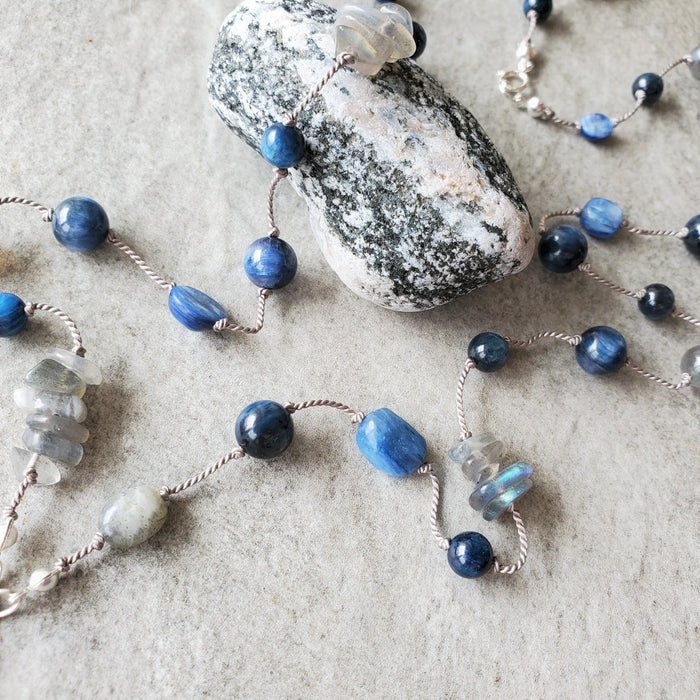 Hand knotted silk necklace with Blue Kyanite and Labradorite 