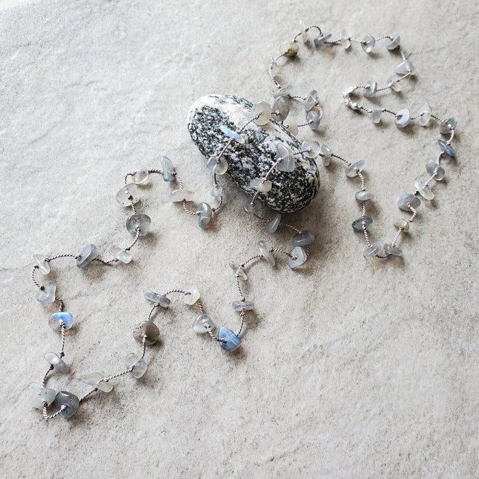 Long necklace of Labradorite chip handed knotted silk