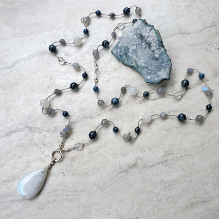 Hand knotted silk necklace with Moonstone, Blue Kyanite and Labradorite 