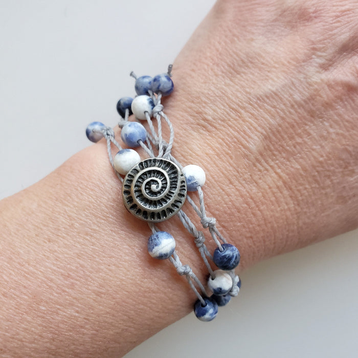 Hand knotted Sodalite 3 wrap bracelet on model