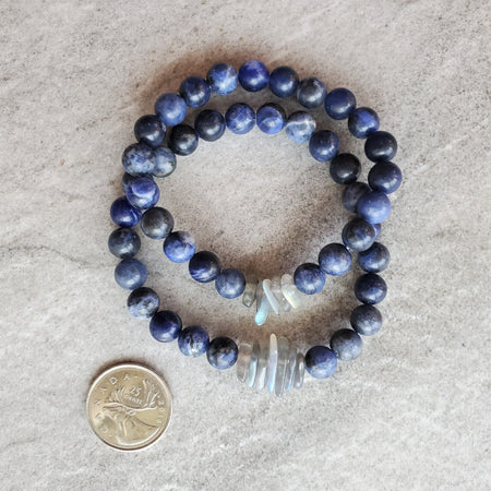 Sodalite beads with Labradorite chip bracelets on tile