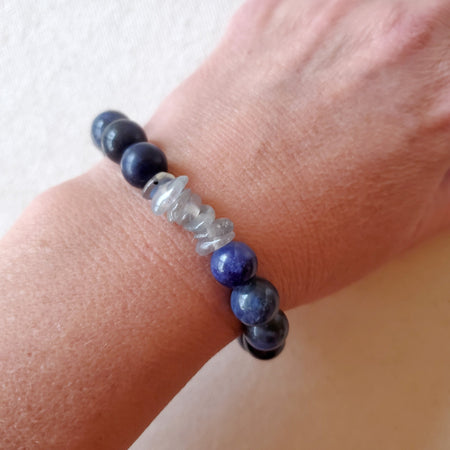 Sodalite beads with Labradorite chip bracelets on model