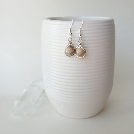 Crazy lace Agate herringbone wrap sterling silver earrings hanging 